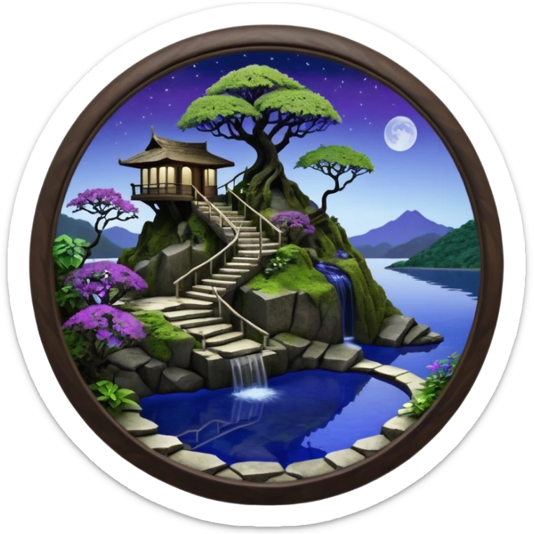 Alien saucer poolhouse jungle winding narrow stairway fountain lakeside mountainside -island getaway nighttime landscape antique mudman very old broken cracked intricate Stone Age lapis-crusted irregular dodecagon-shaped shallow dark moss rough bark violet serissa flowered maple tree bonsai sticker