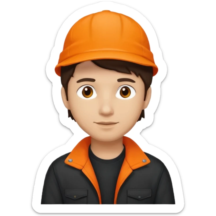 Kindly Keyin (male) with light skin, dark brown hair, orange cap and shirt, black jacket sticker