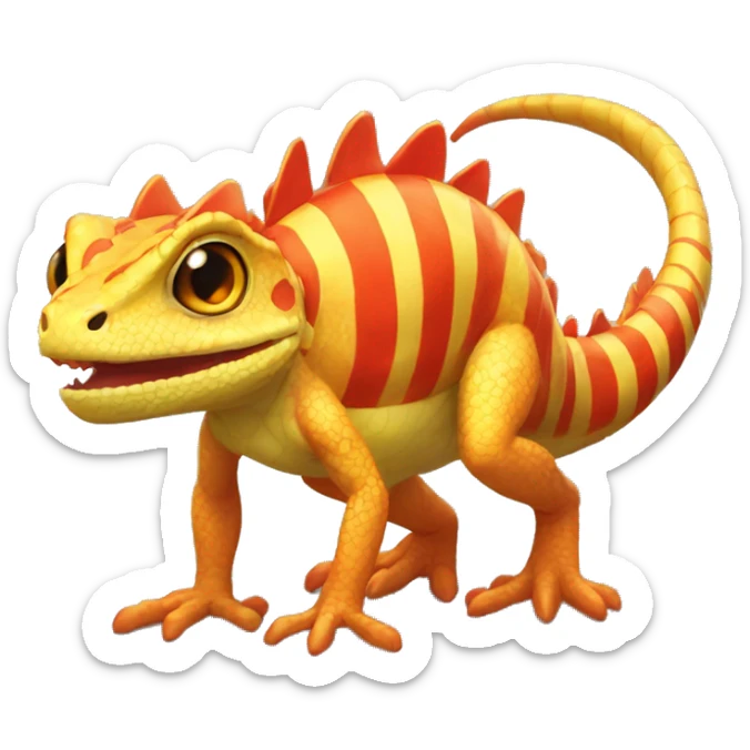 A Yellow Shiny Anthro-Scalie-Lizard-Reptile-Salamandrian-Fakémon with red stripes and orange frills Full Body sticker