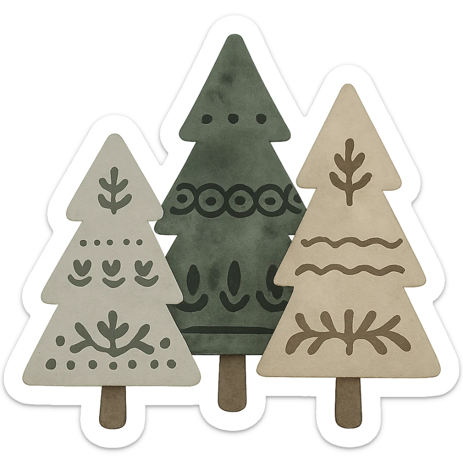 illustration of evergreen trees blending Scandinavian and Slavic folk motifs, dark neutral forest color tones, watercolor texture with outlines, transparent background, suitable for favicon sticker