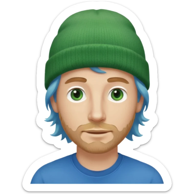 white man, mid thirties, blue eyes, mid length wavy hair, green beanie hat, stubble, face only sticker