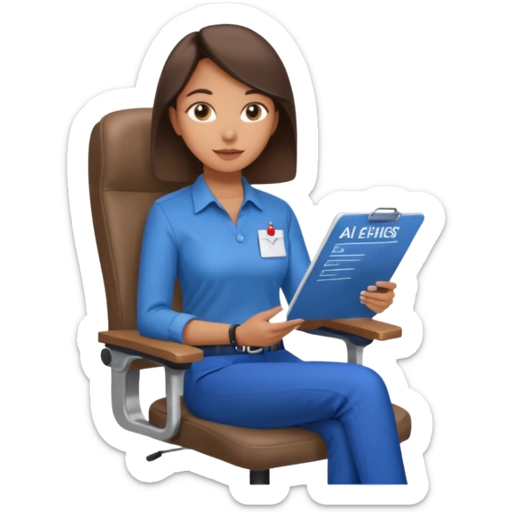 Generate an emoji of a female AI ethicist in blue shirt brown pant sitting in a chair and has a checklist stating AI ethics elements like stop bias, fairness score sticker