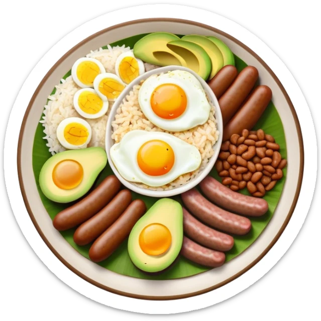 bandeja-paisa-cinematic-realistic-bandeja-paisa-dish-emoji,-depicted-as-a-hearty-platter-featuring-rice,-beans,-avocado-slices,-one-sausage,-a-perfectly-cooked-egg,-and-crispy-pork-crackle,-rendered-with-vivid-textures-and-robust,-inviting- sticker