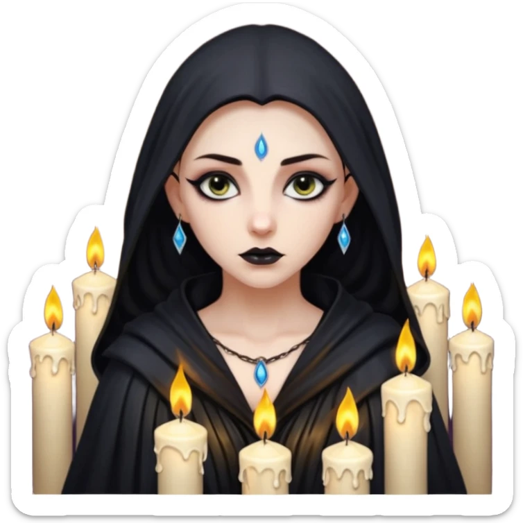 Pale sorceress lit by dozens of candles, wet skin glow, slow seductive gaze, dark fantasy cinema sticker