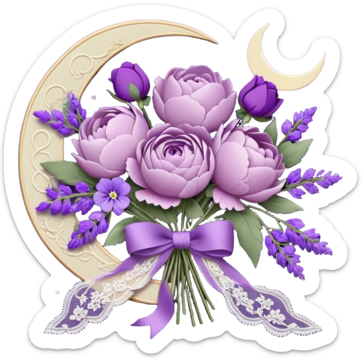 A vintage bouquet of lavender-hued peonies, deep violet roses, and soft lilac pansies, tied together with a silk ribbon in shades of plum and amethyst, rests beneath the glow of a crescent moon. Scattered around are tiny embroidered hearts on a delicate lace handkerchief, while the scent of dried lavender lingers in the cool evening air. sticker
