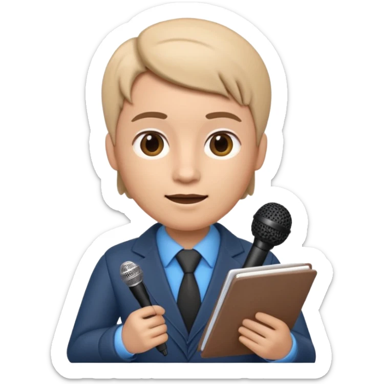 Apple Memoji-style 3D emoji of a journalist holding a microphone and notepad, smooth gradients, rounded shapes, no background. sticker