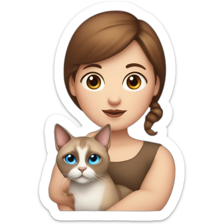 Blue-eyed fat girl with brown hair with siamese cat and miniature pincher sticker