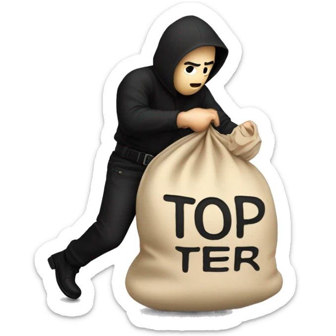 Thief wearing all black clothes actively stealing a beige money bag with the words Top Tier embroidered on it sticker