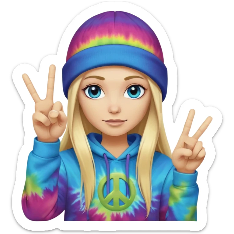 White woman with long blonde straight hair and blue eyes with long eyelashes and tiedye hoodie. i would like for her to be doing a peace sign with one hand and a thumbs up with the other hand. i want her to be wearing a black beanie with an alien face on it sticker