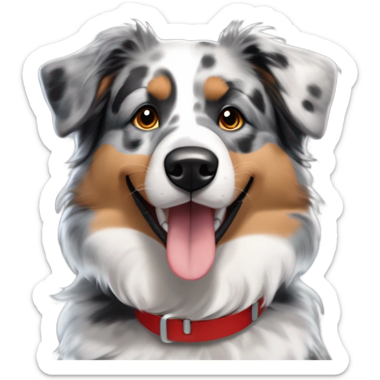 Blue merle Australian Shepherd with a mix of gray, black, and tan fur, tan eyebrows and cheeks, bright brown eyes, fluffy ears tipped in black, a big open smile, and a red collar with tags. Focus on tan accents and minimal white fur. sticker