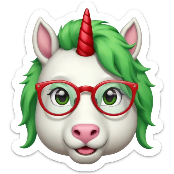 white furred unicorn with green hair and big red earrings looking into camera and spectacle and biiiggg earrings sticker