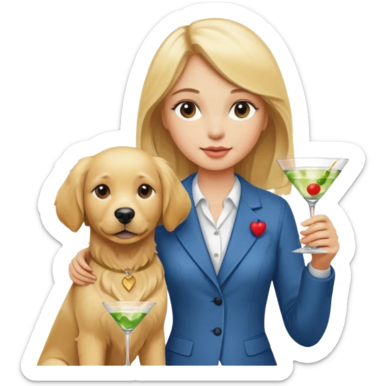 Birthday blonde girl holding a martini stamfing near a golden retriever  sticker