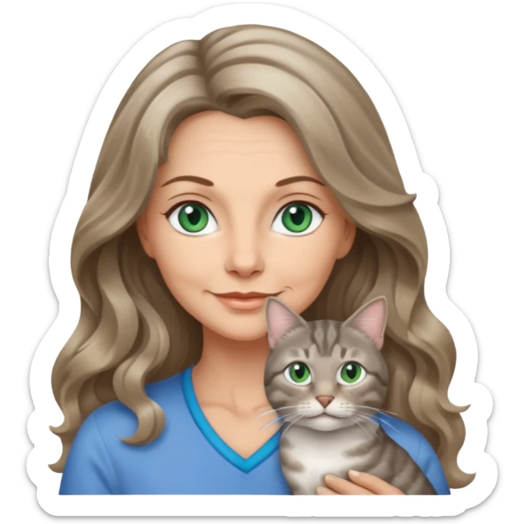 beautiful 50 yr old woman, long wavy dark blonde hair, blue green eyes with one beautiful gray tabby cat  sticker