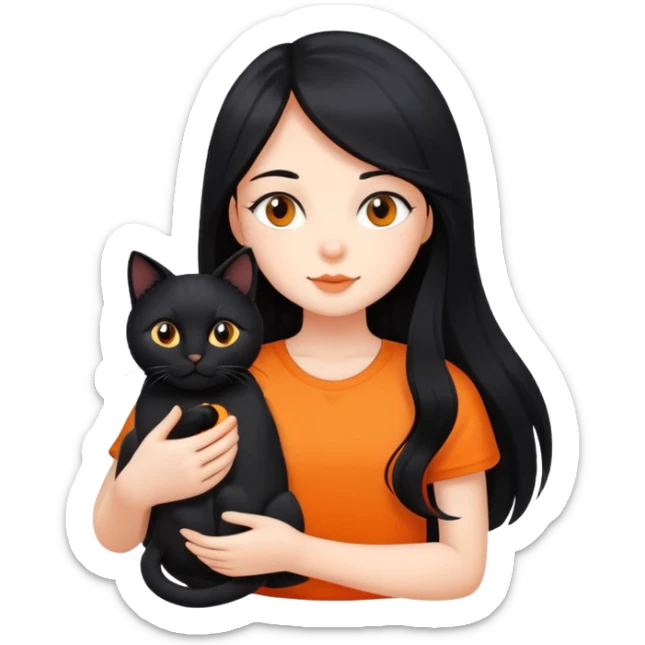 A black long haired girl holding a black cat and an orange long haired cat sticker