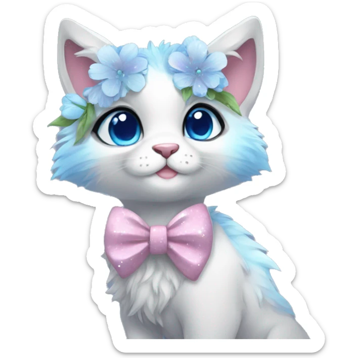 Anthro Cute Cool Kawaii gorgeous sparkly ethereal fantasy animal creature with blue eyes furry sona with flowers and bow tie beautiful aesthetic sticker