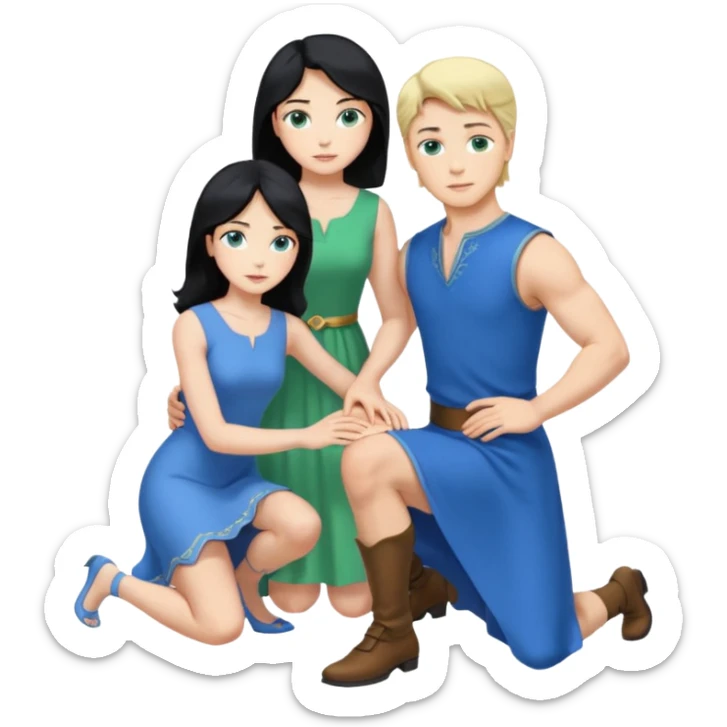 prince, upright, black Hair, blue eyes, blue garment,  Woman, blonde Hair, Green eyes, bending knee, sleveless White Dress, sticker