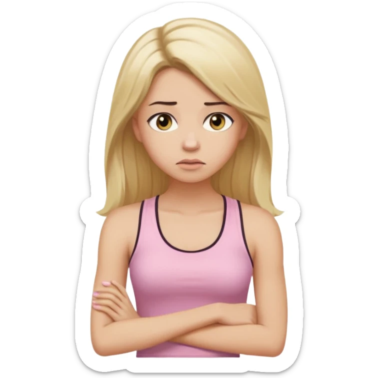 Create a young woman with long blonde hair, golden eyes, and medium-light skin tone, wearing a light pink tank top and leggings. She should be in portrait mode, but with a subtle doubting facial expression—slightly raised eyebrow, small frown, .  and her hand next to her chin like a thinker sticker