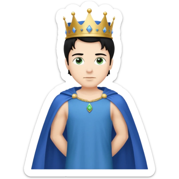 Prince with crown, blue cape and trousers, body and legs, black hair, blue eyes and maid, blonde hair, green eyes, sexy white short sleveless dress,  sticker