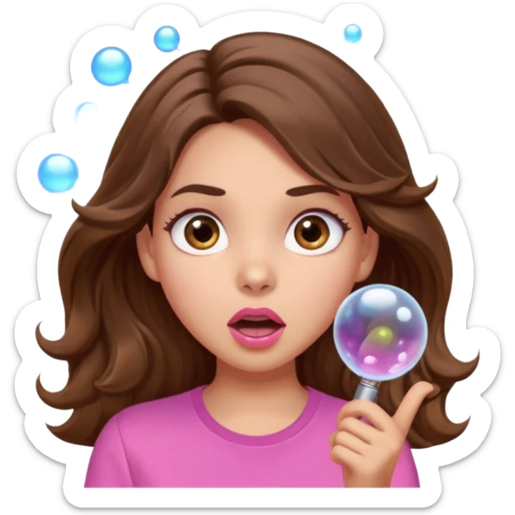 girl with long wavy brown hair, brown eyes, light to medium complexion, in a pink shirt, pink lips, long lashes, surprised, wow bubble sticker