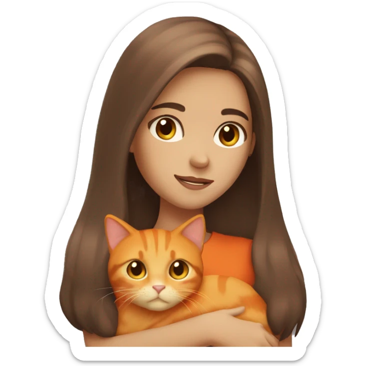  girl with brown long hair and brown eyes cuddling with a orange cat  sticker