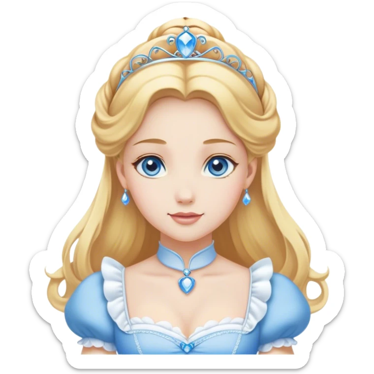 Cinematic Elegant Cinderella Portrait Emoji, Graceful and poised in her classic maid attire, golden locks cascading softly, bright blue eyes full of hope, a gentle glow of kindness and determination, delicate and humble yet undeniably beautiful, evoking the moment before her magical transformation, pure enchantment in her gaze! sticker