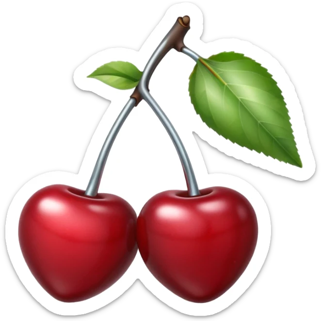 A pair of cherries emoji made of polished silver chrome, smooth rounded shapes, glossy metallic finish, soft highlights and reflections, cute proportions, iOS emoji style, centered, clean white background, no text sticker