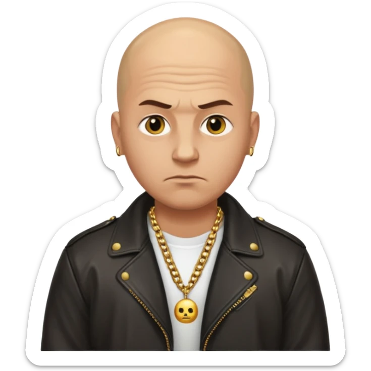 Bald Russian 1990s gangster emoji, leather jacket, gold chain, serious face sticker