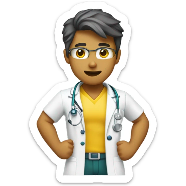 young male doctor flexing one of his biceps, yellow skin, using 2 colors: #ff9800 and #32b5a5 sticker