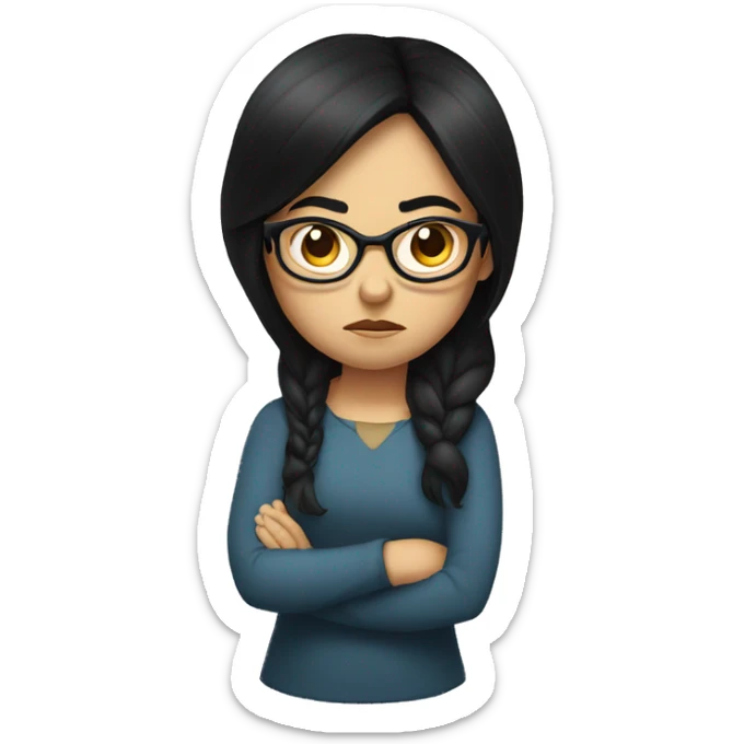 Angry scowling girl, long black hair, wearing glasses, with arms crossed over chest. sticker
