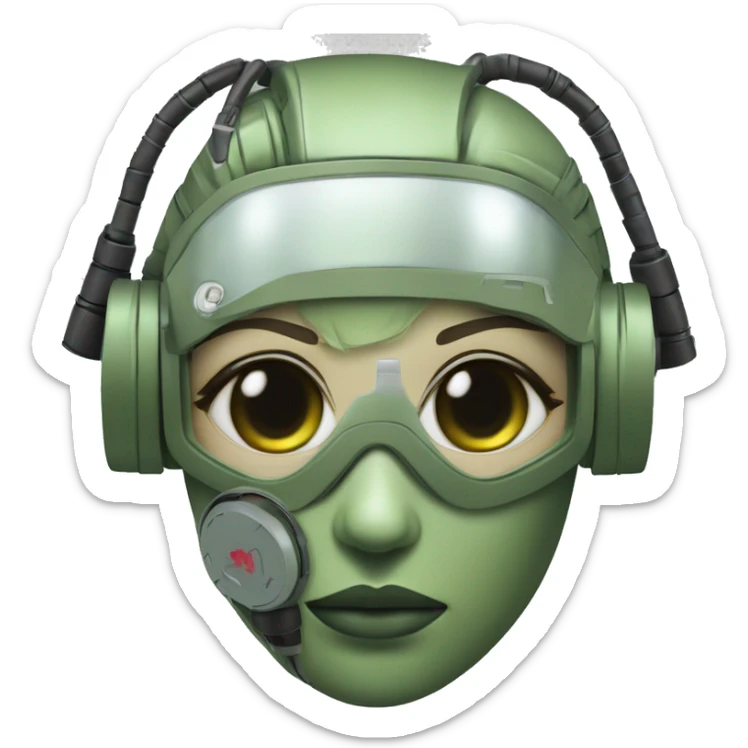 Olive green hair female cyborg head with respirator mask and circuits sticker