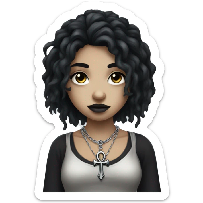 Pale gothic girl with messy black hair and black eyes wearning a silver ankh necklace sticker