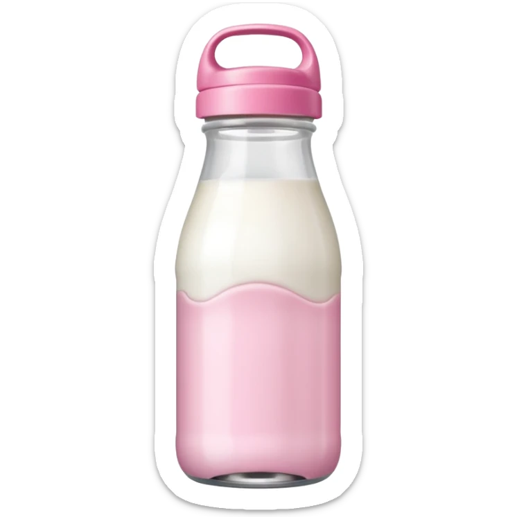 Clear baby milkbottle with a pink top and white milk inside of the bottle sticker