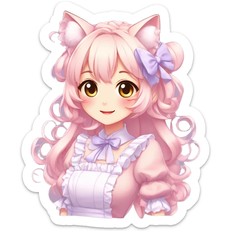 Gorgeous anime style catgirl blushing face maid outfit Lolita idol model colorful shiny sparkle kawaii pastelcore cottagecore pearly petite simplistic aesthetic trending style sticker