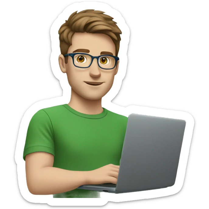 white young man with blue eyes and brown hair and square glasses wearing green t-shirt with laptop sticker
