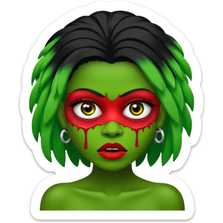 Uma zumbi de pele verde cabelo chanel todo preto bagunçado sem cabelo verde sticker