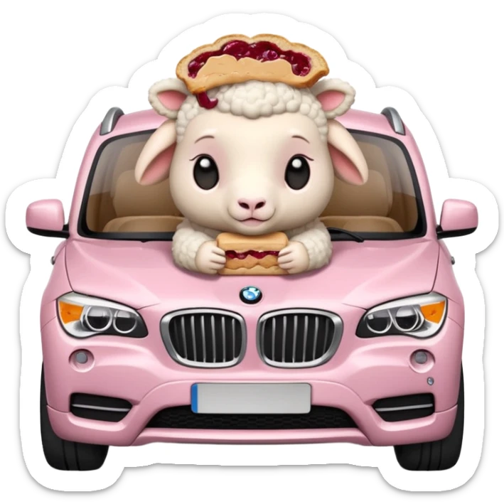 cute baby sheep eating peanut butter and jelly driving in a bmw x1, holding a peanut butter and jelly in hand sticker