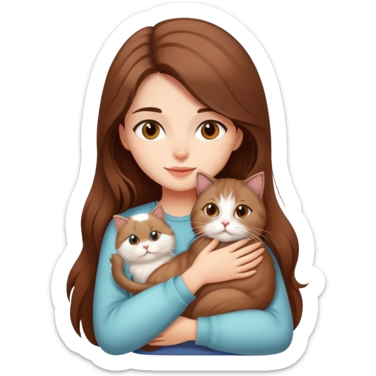 pretty girl with long color brown hair, hugging her persian cat sticker