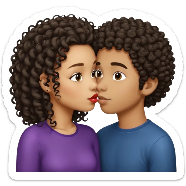 Lightskin boy with curls and a dark skin girl with straight hair kiss sticker