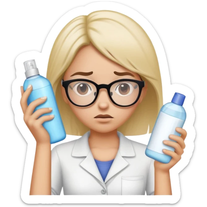 Girl with glasses looking disgusted, holding shampoo bottle away from her, not wanting to wash her hair sticker