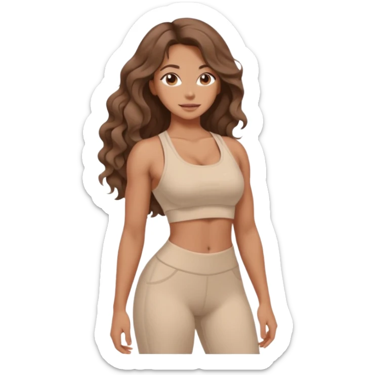 Create dream body girl with big glute and small waist and brown wavy long hair with pastel beige gym clothes  sticker