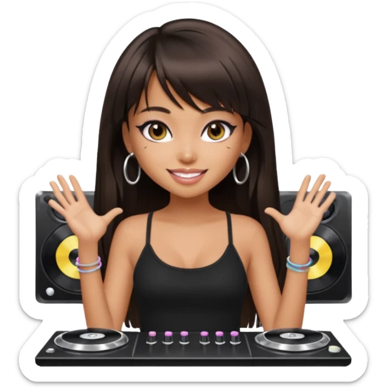 generate a pretty bratz girl in black cami top, dark brown straight long hair with bangs, eyeliner on, djing sticker
