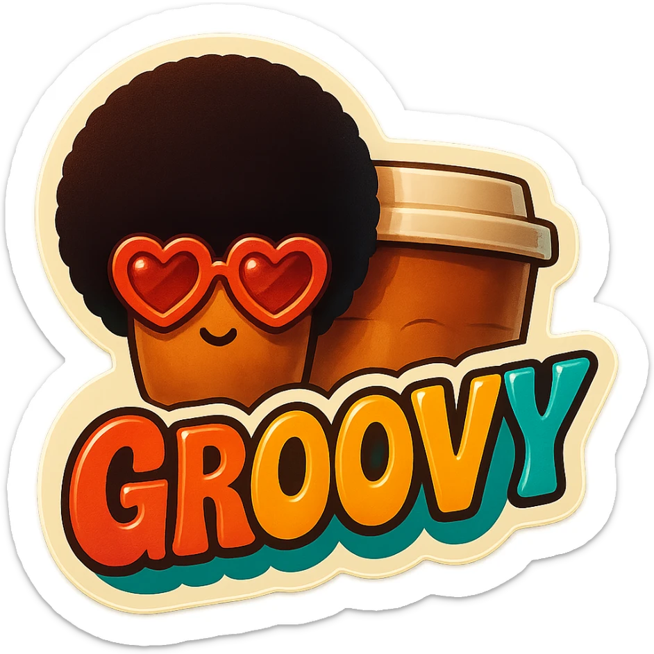 Tall coffee cup, no mouth, afro, heart glasses, giant groovy sign sticker