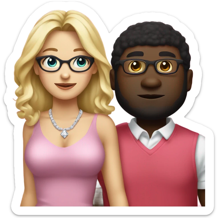 White blonde woman in a pink dress and diamond necklace standing next to emoji black man with glasses wearing red shirt glasses standing next to white eoman sticker