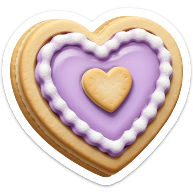 Realistic shortbread cookie in the shape of a heart with pale lilac color jelly middle filling and sprinkled powder sugar on top. sticker