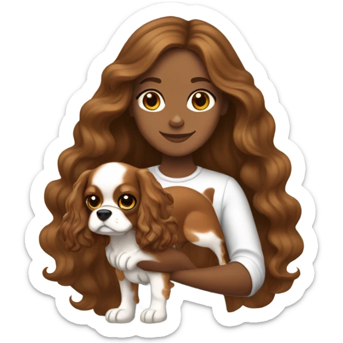 tan girl with long wavy brown hair, holding a brown and white cavalier King Charles spaniel dog sticker