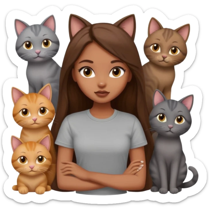 a pretty bratz dusky girl with long brown hair with six cats nd wearing a grey tshirt sticker