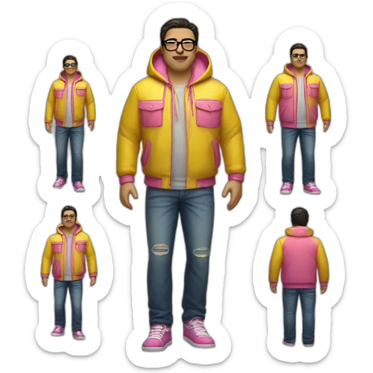fat man with dark hair,a vibrant long yellow jacket, pink glasses, short jeans shorts. Show full lenght peson sticker