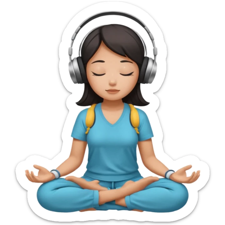 An East Asian woman🧘🏻‍♀️ is sitting cross-legged in a meditation pose, wearing Apple headphones🎧 and listening to music. The song is so beautiful that she has her eyes closed and tears streaming down her face. sticker