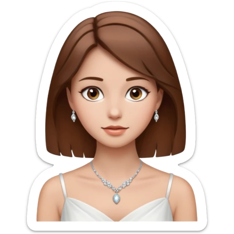 a middle brown hair girl with elegant white dress, wearing necklace, wearing makeup sticker