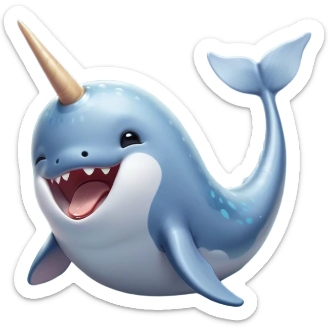 Cinematic Cute Yawning Cute Narwhal Portrait Emoji, Head tilted slightly with a dramatic, wide-open yawn, showcasing a streamlined, elegant body with a gracefully curling tusk and sleepy, half-closed eyes, Simplified yet irresistibly adorable features, highly detailed, glowing with a soft, cozy oceanic glow, high shine, relaxed yet expressive, stylized with a hint of whimsical marine ease, soft glowing outline, capturing the essence of a drowsy yet affectionate cute narwhal that appears ready to stretch and yawn its way out of the screen! sticker